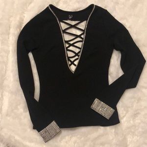 CUSTOM MADE!! Windsor Embellished Black Top w/ Silver Bling @ Wrists & Neckline.